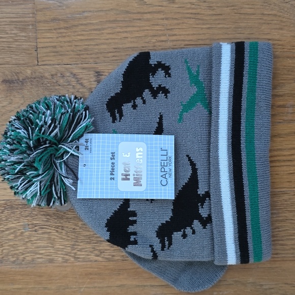 CAPELLI OF NEW YORK BRAND BOYS GRAY & BLACK DINOSAUR WINTER HAT & MITTENS 2T-4T - Picture 1 of 11